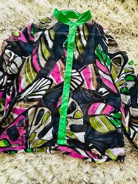 Sheer Multicolor Leaf-Print Button Front Blouse - Green Trim